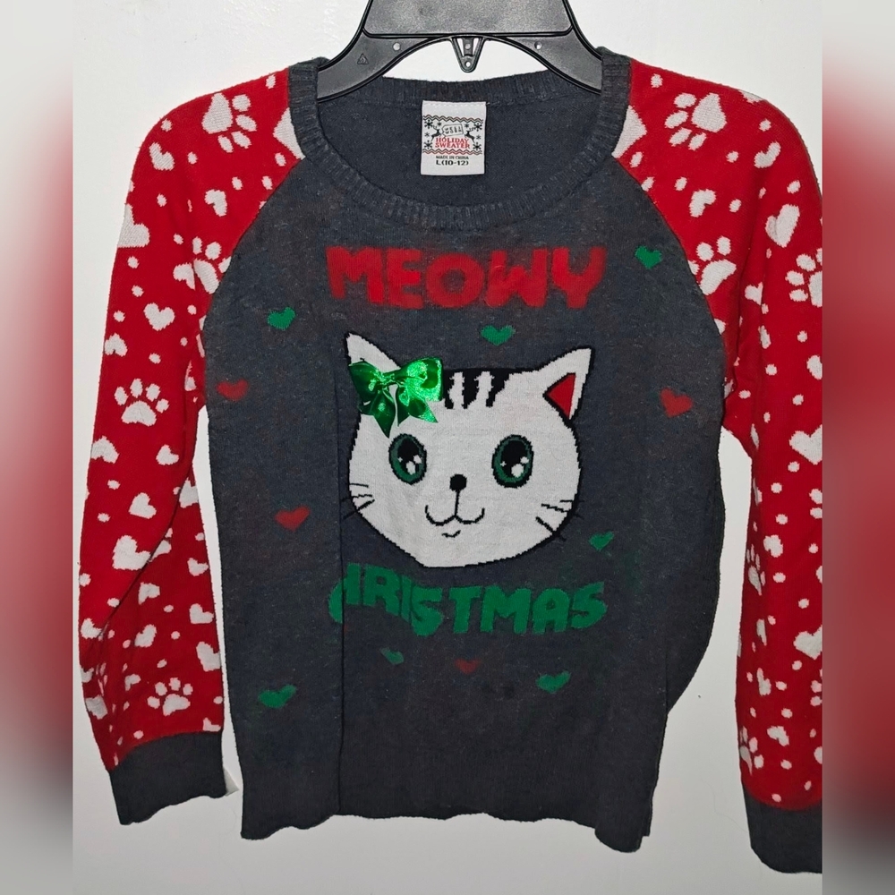 Super Cute Girls Meowy Christmas Cat Sweater